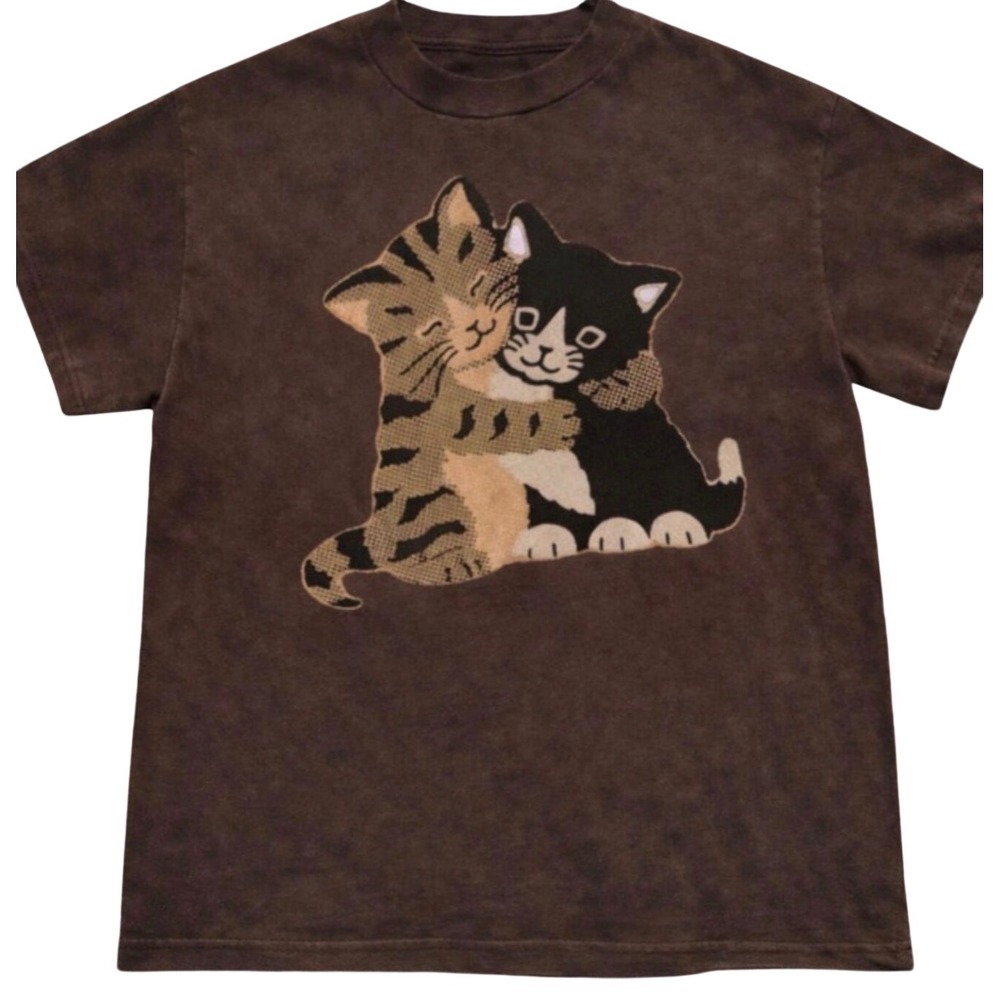 Gildan Brown Mineral Wash Hugging Kittens Graphic T-Shirt Cotton Cat Tee Womens